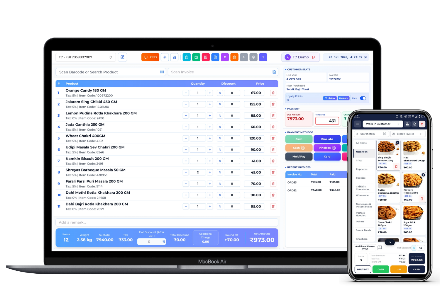 T7 ERP Barcode Billing Software Desktop and Mobile Interface