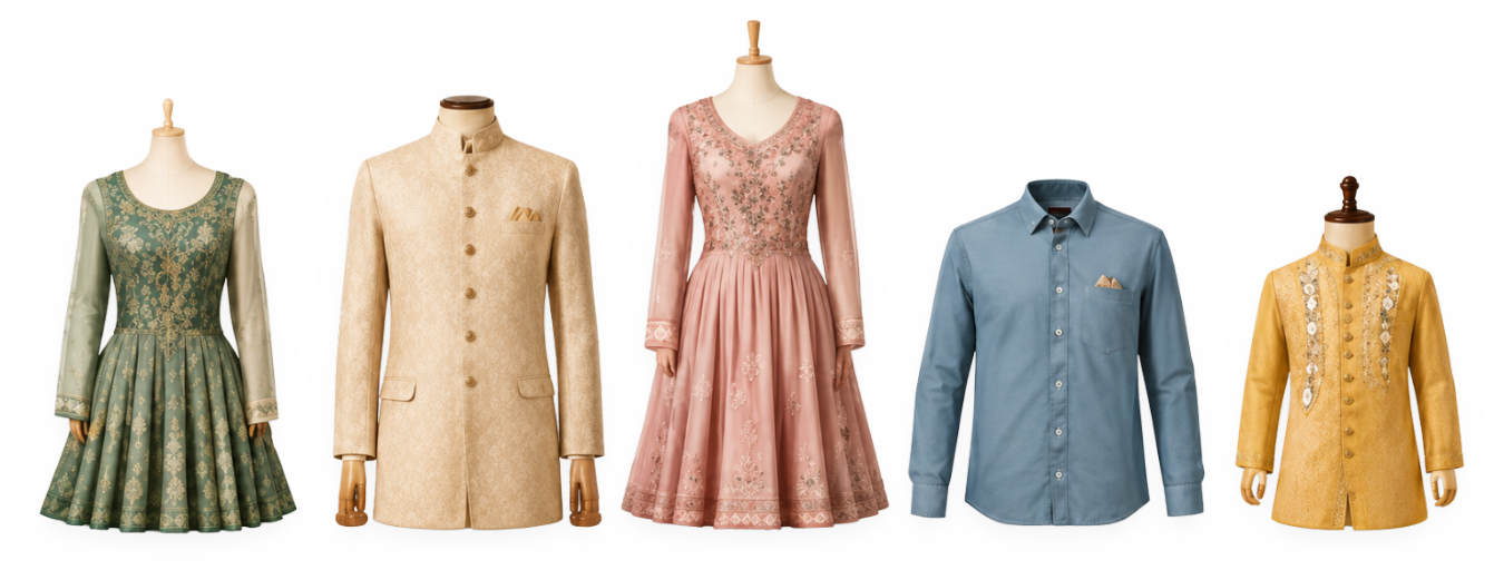 Completed custom garments on mannequins