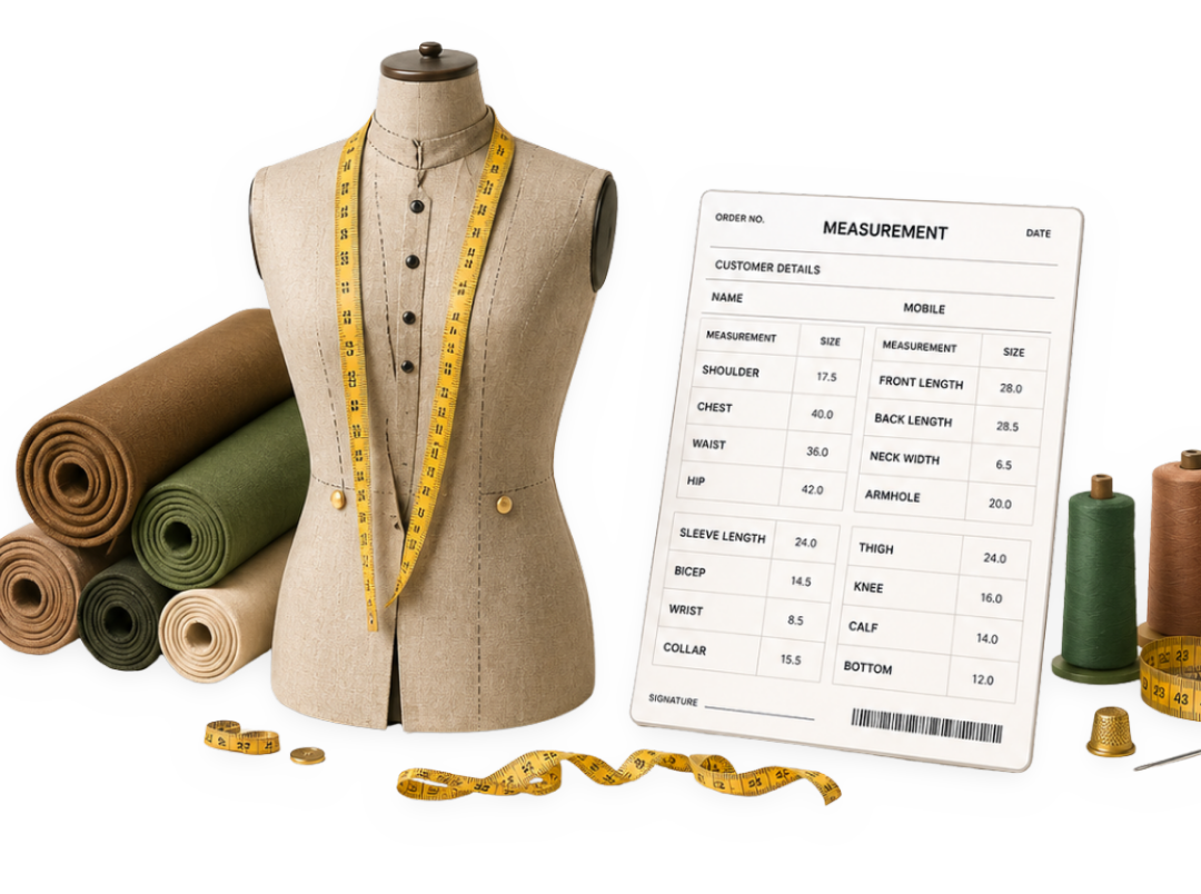 Sewing machine, fabric measurement logs and tailor docket