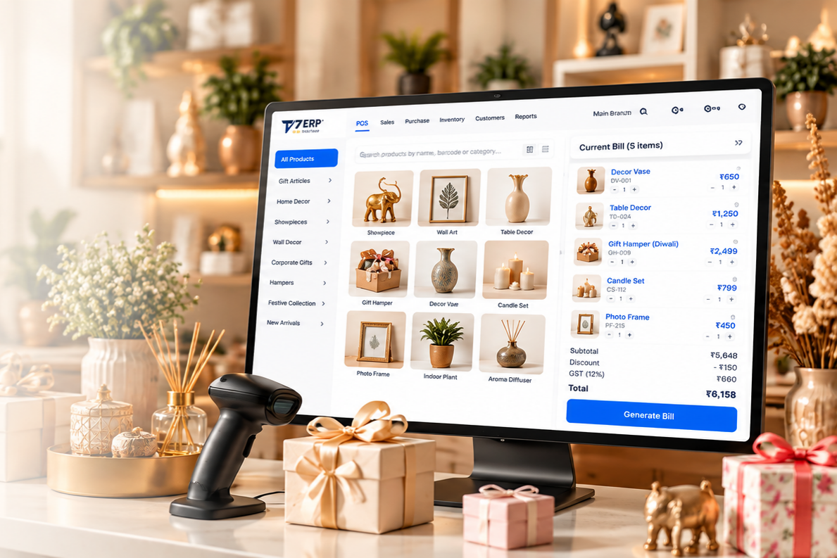 T7 ERP Gift & Home Decor Management Software Dashboard with POS counter interface