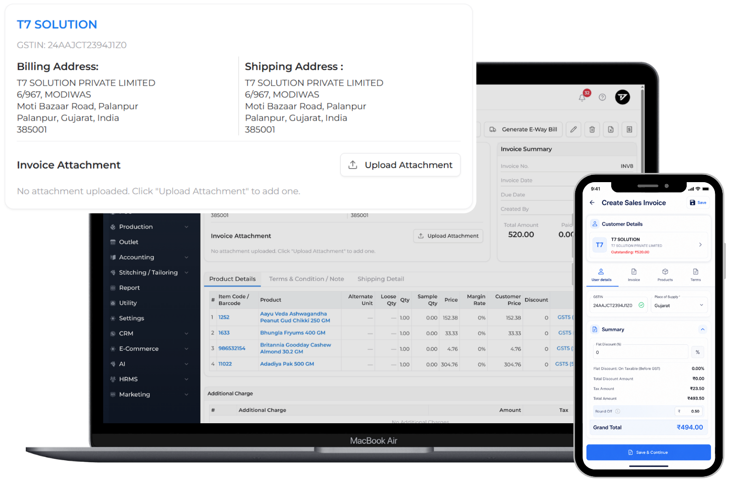 T7 ERP GST Billing Software Desktop and Mobile Interface