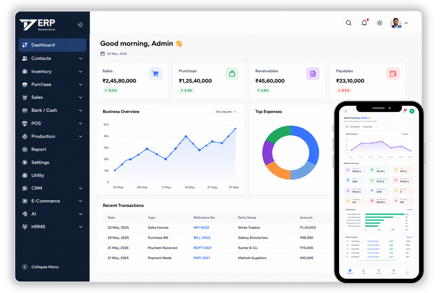 T7 ERP Supermarket dashboard analytics and mobile app mockup display