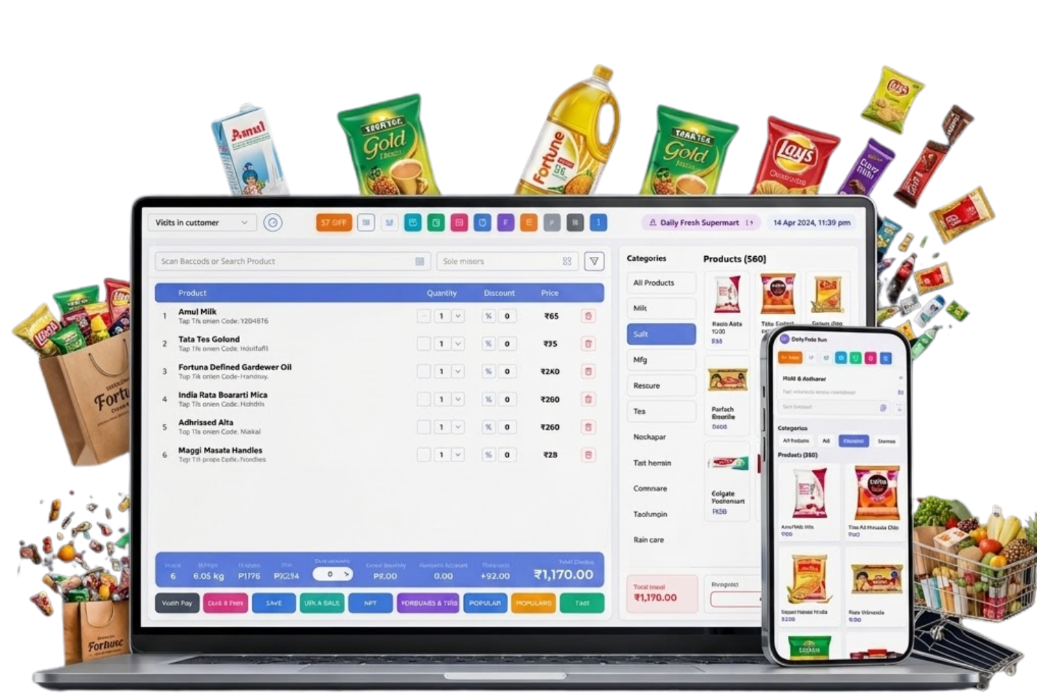T7 ERP Supermarket dashboard, scanner, cart, and mobile app mockup layout